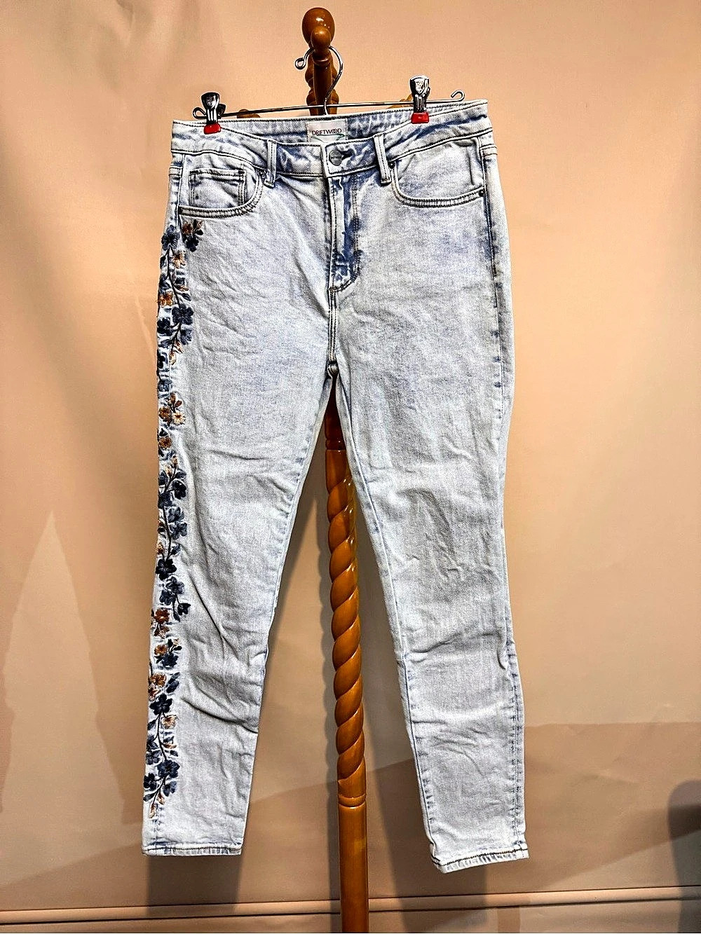 Women’s Embroidered Driftwood Skinny High Rise Floral Skinny Jeans Waist 27 Blue